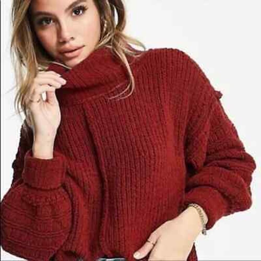 Free People Be Yours Cowl Neck Pullover Sweater Crop Chunky Rust Cranberry Small
